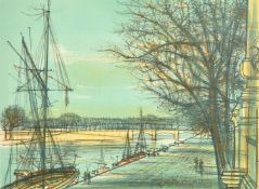 Jean Carzou, Boats tied up on the bank of the river Seine, lithograph, signed, dated, and numbered