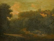 19th Century French School, wayfarers resting in a valley, oil on canvas, inscribed verso, 10.75