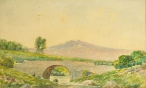 D. Hall R.S.A, A view of a bridge with a mountain beyond, watercolour, signed, 4.5 x 7.75.