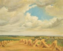 Circle of Arnseby-Brown (20th Century) Corn stooks by a dry stone wall with a flat landscape beyond,