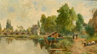Leon Charles Louis Pellenc (1819-1894) French, a view of figures by the river at Moret, oil on