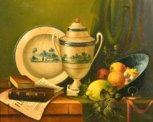 20th Century French School, a still life of mixed objects on a shelf, oil on canvas, indistinctly