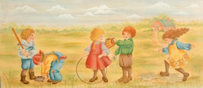 Lynda Wollenberg, circa 2005, Children playing games near a school, acrylic on panel, 11.25