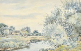 Robert Winter, A river landscape with trees, moored boats, a house and two figures on the bank,