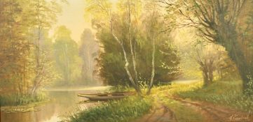 R. Lambert, 20th Century, pathway by a treelined river, oil on canvas, signed, 15.75