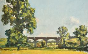 Bernard Sickert (1862-1932) an oil sketch of 'Railway Arches' in a summer landscape, signed,