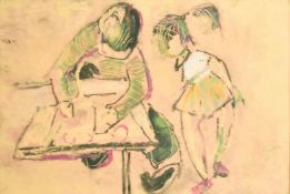 Scandinavian School, 20th Century, children at a desk, mixed media, 4.75