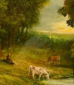 19th Century English School, a figure resting at dusk with a cathedral spier beyond, oil on board,