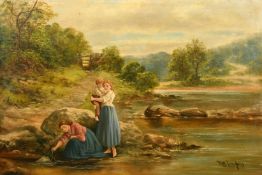 Mark William Langlois (1848-1924) British, female figures collecting water, oil on canvas, signed,
