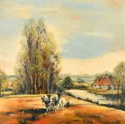 Pamela Coward (20th Century) A farmstead by a river with a figure fishing, a pair of heavy horses