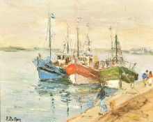 E. Bellan, figures walking by moored trawlers, oil on canvas, signed, 15