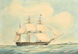 A tall ship off the coast flying the red ensign, watercolour, Initialled, 8.5