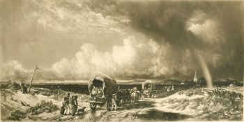 Norman Hirsh (1862-1956), A caravan of waggons following marching soldiers, etching, signed in