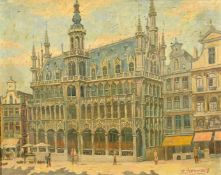 Early 20th Century School, figures in a city street, oil on canvas, indistinctly signed, 15.75