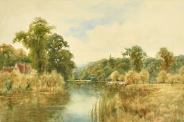 Wiggs Kinnaird (1870-1930) British, An extensive river landscape with a house and cattle at the