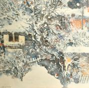 Eastern European School 20th Century, Buildings and trees under snow, oil on canvas, signed and