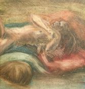 Manner of A. O. Spare, a reclining female figure, mixed media on board with sgraffito, 16