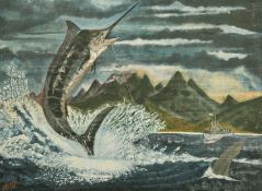 Nino, 20th Century, a hooked marlin leaping from the water, oil on panel, signed, 13.5