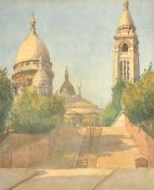 Early 20th Century French School, a view of steps leading towards the Sacre Coeur, watercolour,