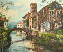 Narozny, buildings by an alpine river, oil on canvas, signed, 18