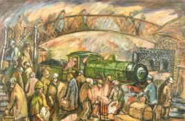 Derek Higginson (1930-2020) British, figures by a steam train, oil on canvas, signed, 24