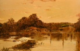 James Isaiah Lewis (1860-1934) Houses along the water's edge, moored boats near a weir, oil on c