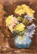 Edmund Perini, Mixed flowers in a blue vase, watercolour, signed, 9.5