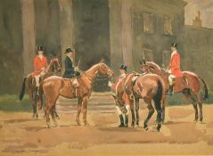 Charles Simpson (20th Century) a hunting party gathered outside a country house, watercolour and