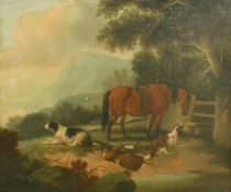 19th Century English School, A pair of oil on canvas scenes of a horse and hunting dogs with game,