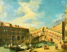 Roberto Cesari, a view of the Rialto Bridge, Venice, oil on canvas, laid down, 19.75