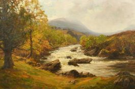 Alexander Brownlie Docharty (1862-1940) Scottish, A tree lined rocky river in the highlands with