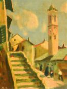 20th Century French School, figures in a town street, oil on canvas, signed with initials R.G, 13.