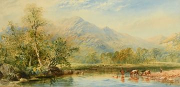 Cornelius Pearson (1805-1891) British, a cattle drover by a river with mountains beyond,