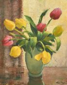 20th Century French School, a still life of tulips in a vase, oil on board, indistinctly signed, 18