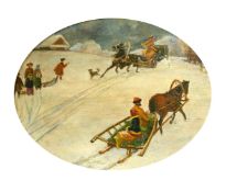 19th Century, figures on horse drawn sledges, oil on canvas laid down, 11.75