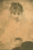 19th Century French School, a seated female holding a cat, watercolour, 11