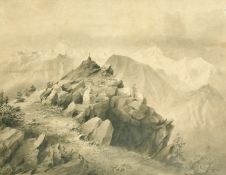 An Alpine view of rocky mountains, watercolour, 18