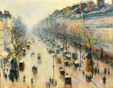 After Pissarro, figures and carriages on a busy Parisian Boulevard, oil on board, bears initials,