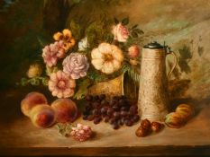 19th Century School, A still life of fruit and flowers and antique vessels, oil on canvas,