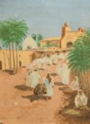 Late 19th Century, North African figures leaving a temple, oil on canvas, indistinctly signed, 13