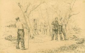 A. Jaloux, 1883, an ink sketch of soldiers preparing for a duel, signed, 4.75