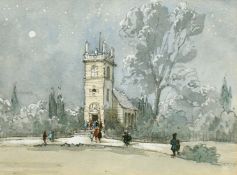Circle of Hugh Casson, Figures approaching a church on a Winters night, watercolour, 6.75