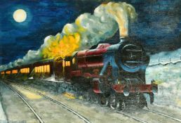 Eric Storr (21st Century) A burgundy steam train under a rising moon, oil on canvas, signed and