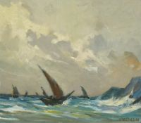 20th Century French School, sailboats off a headland, oil on board, indistinctly signed, 13