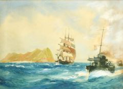 After Montague Dawson, A tall ship and Naval boats off an island, watercolour, 9.5