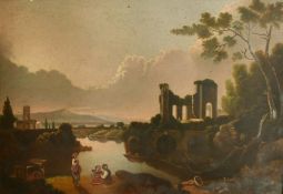 A 19th Century classical landscape with figures by a lake and ruins, oil on board,15.75