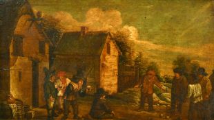 Manner of Teniers, A group of men outside an inn playing bowls, oil on panel, 12.25