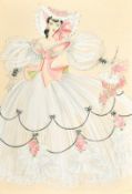 Circle of Cecil Beaton, A lady in a stage costume, a white dress with pink bodice and flowers,