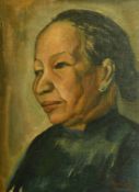 Soo Pieng, circa 1949, a head study of a female figure, oil on board, signed, trade label verso, 18