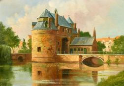 19th Century French School, A view of a town by river, oil on panel, 9.25